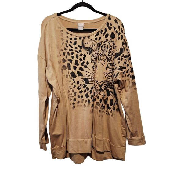 Chicos Zenergy Leopard Print Tan Long Sleeve Top Womens Size 4 US 20/22 Cotton B - Picture 1 of 8